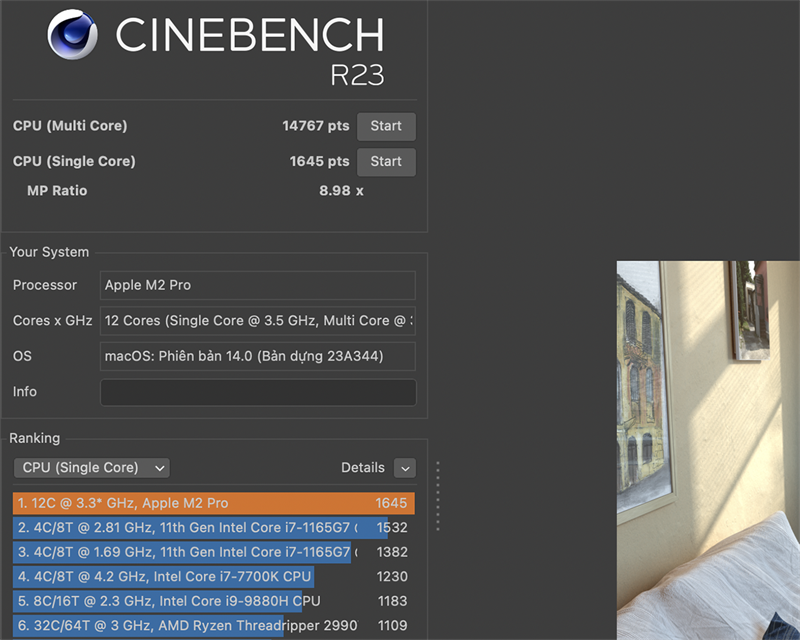 Điểm Cinebench R23 của Apple M2 Pro trên Macbook Pro 14 inch 2023