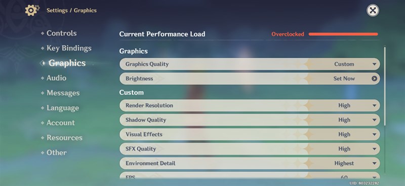 Thiết lập đồ họa Genshin Impact mà mình đã đặt trên Galaxy S23 FE
