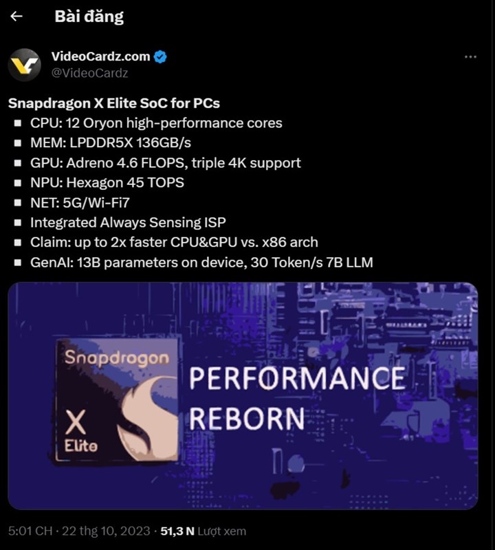 Thông số kỹ thuật bị rò rỉ được cho là của vi xử lý Qualcomm Snapdragon X Elite