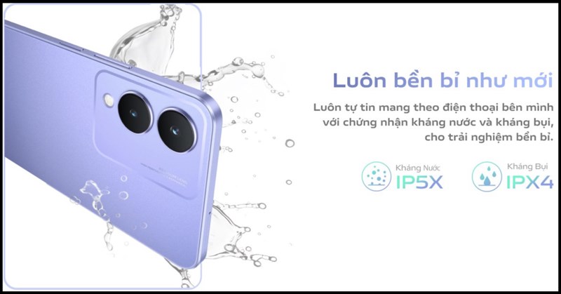 Vivo Y17s sở hữu chuẩn kháng nước, bụi IP54 - điều mà hiếm mẫu smartphone nào khác trong cùng phân khúc có được. Vivo Y17s sở hữu chuẩn kháng nước, bụi IP54 - điều mà hiếm mẫu smartphone nào khác trong cùng phân khúc có được.