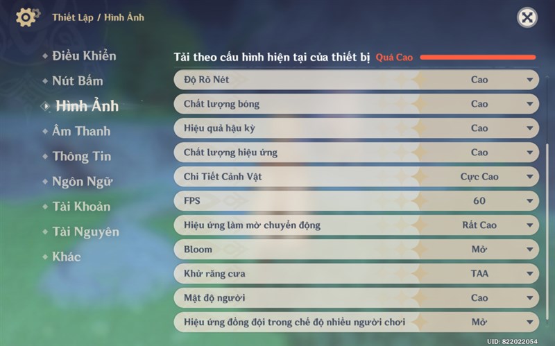 Thiết lập đồ họa trong Genshin Impact mà mình chỉnh được với Galaxy Tab S9 Ultra.