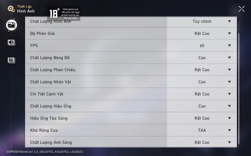 Thiết lập đồ họa trong Honkai: Star Rails mà mình chỉnh được với Galaxy Tab S9 Ultra.