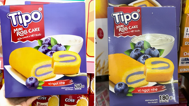 The Tipo Roll Cake with Yogurt and Blueberry flavor is available in 268g and 180g packaging