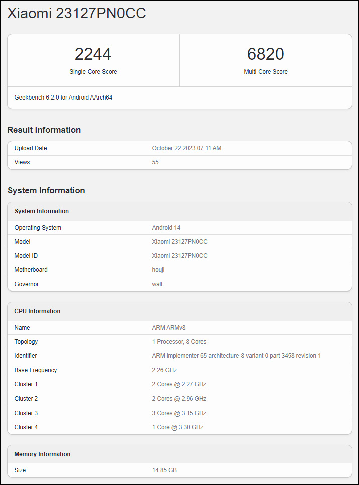 Kết quả kiểm tra Geekbench 6 bị rò rỉ của Xiaomi 14 Kết quả kiểm tra Geekbench 6 bị rò rỉ của Xiaomi 14