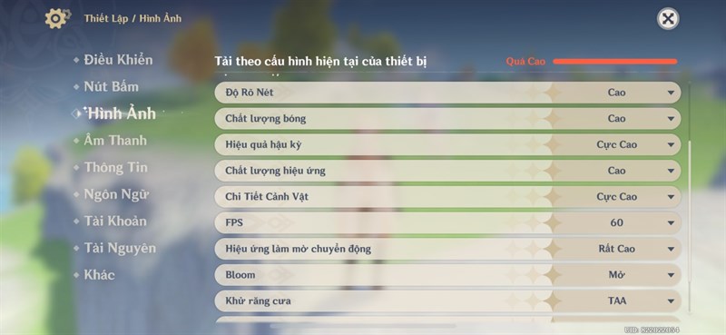 Thiết lập đồ họa trong Genshin Impact mà mình chỉnh được với iPhone 14.