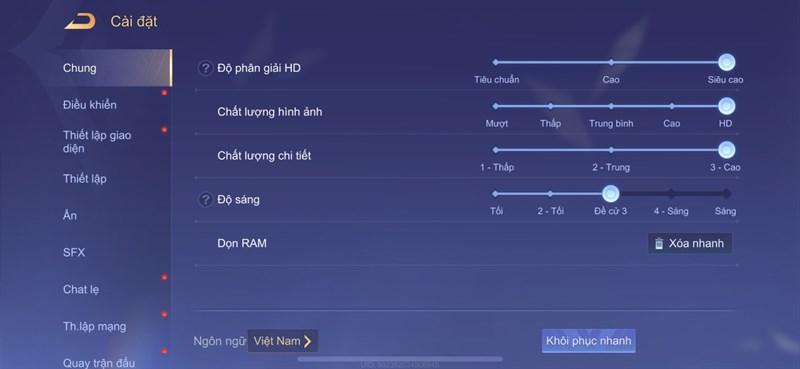 Thiết lập đồ họa trong Liên Quân Mobile mà mình dùng để test pin iPhone 14.