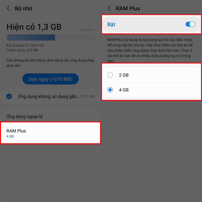 cách sử dụng RAM mở rộng trên Galaxy A05s