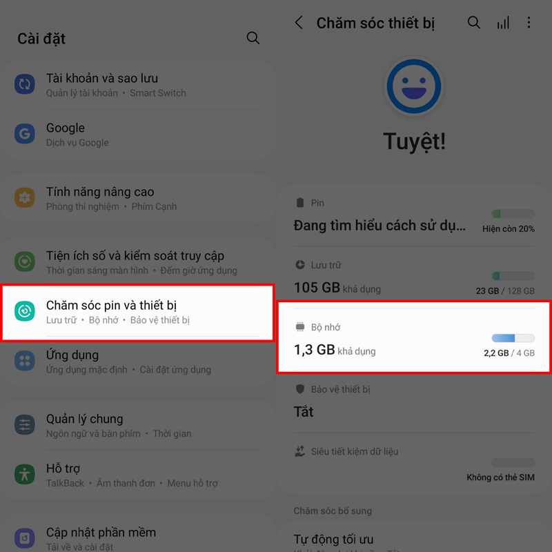 cách sử dụng RAM mở rộng trên Galaxy A05s