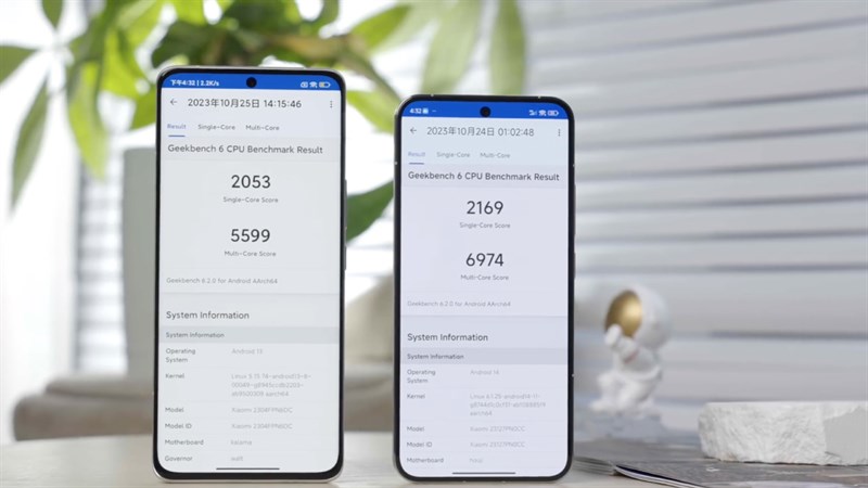 So sánh điểm GeekBench 6 (đơn nhân/đa nhân) của Snapdragon 8 Gen 2 trên Xiaomi 13 Pro (trái) và Snapdragon 8 Gen 3 trên Xiaomi 14 (phải). Nguồn: Weibo. So sánh điểm GeekBench 6 (đơn nhân/đa nhân) của Snapdragon 8 Gen 2 trên Xiaomi 13 Pro (trái) và Snapdragon 8 Gen 3 trên Xiaomi 14 (phải). Nguồn: Weibo.