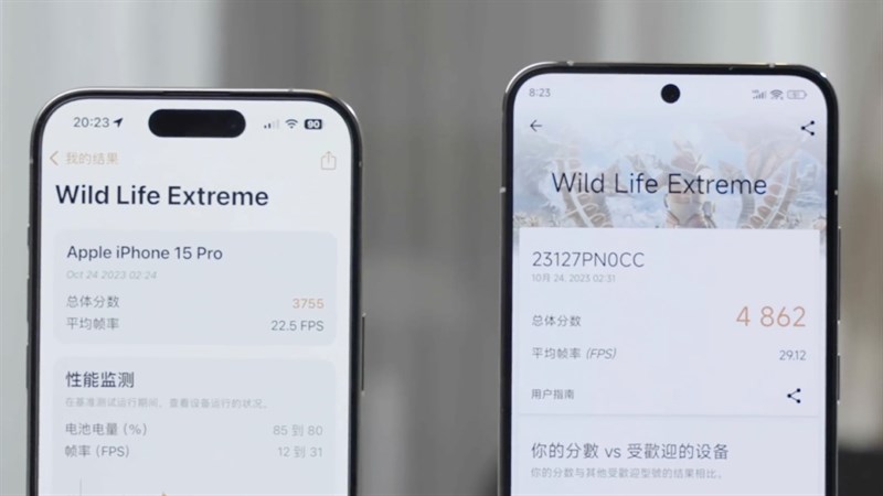 So sánh điểm 3DMark Wild Life Extreme của Apple A17 Pro trên iPhone 15 Pro (trái) và Snapdragon 8 Gen 3 trên Xiaomi 14 (phải). Nguồn: Weibo. So sánh điểm 3DMark Wild Life Extreme của Apple A17 Pro trên iPhone 15 Pro (trái) và Snapdragon 8 Gen 3 trên Xiaomi 14 (phải). Nguồn: Weibo.