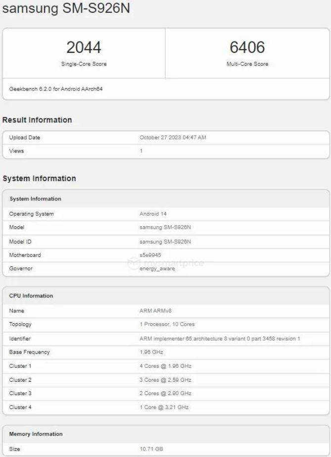 Điểm hiệu năng Geekbench của chip Exynos 2400 bên trong Galaxy S24+. Nguồn: Gizmochina