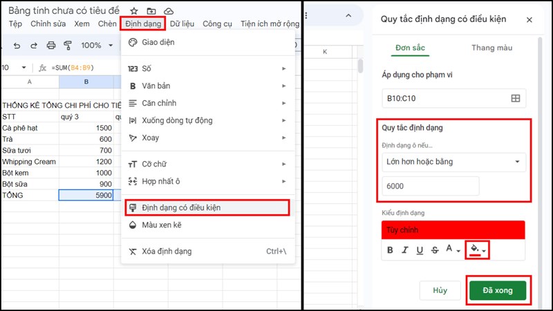 cách tô màu ô trống trong Google Sheets