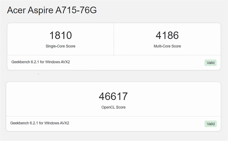 Điểm Geekbench 6 của Acer Aspire 7 A715 76G 59MW