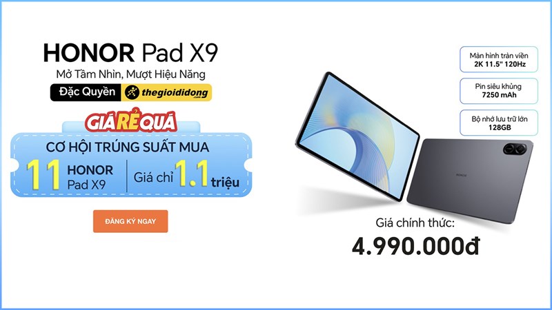 Đăng ký thông tin có ngay cơ hội trúng suất mua Honor Pad X9 chỉ với 1.1 triệu Đăng ký thông tin có ngay cơ hội trúng suất mua Honor Pad X9 chỉ với 1.1 triệu