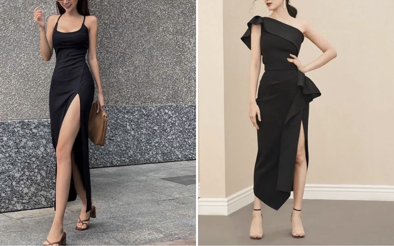 Váy đen suông dài cách điệu tiểu thư phối đai eo | Váy Đầm