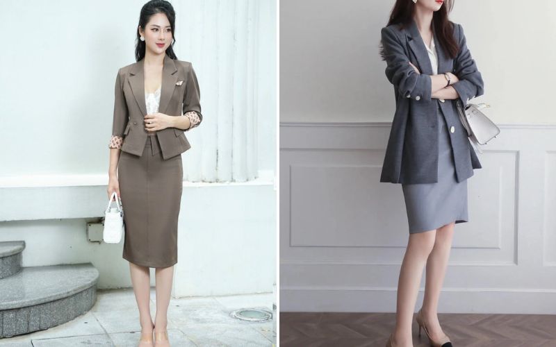 Váy zip phối cùng áo blazer