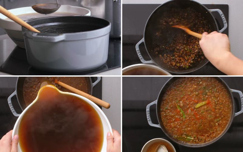 Nấu nước dùng súp cùng phần rau củ vừa xào