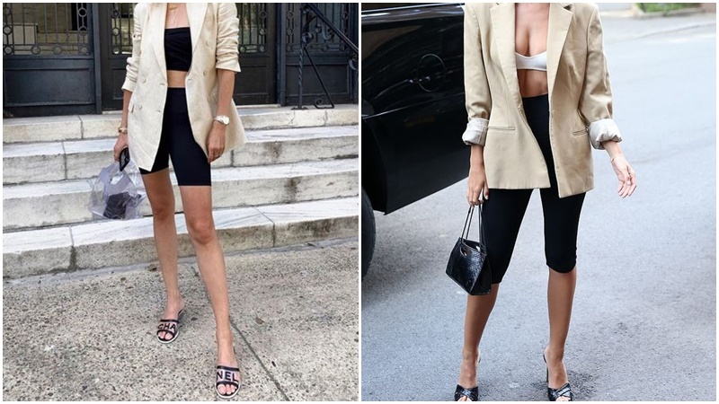 Phối áo blazer với áo bra và quần legging ngắn