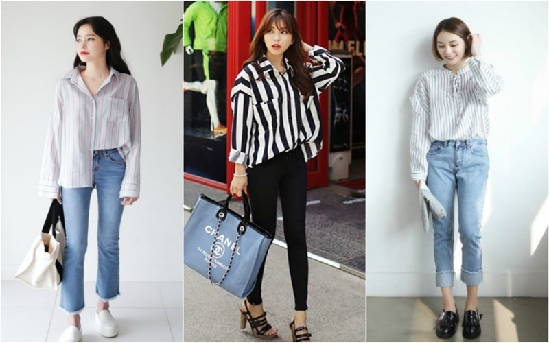 Áo sơ mi kẻ sọc + quần jeans + giày thể thao