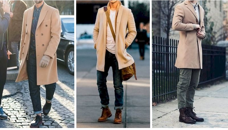 Áo khoác dáng dài + áo len + quần kaki + giày oxford