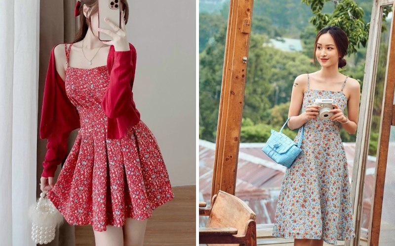 Váy Đầm Nữ 2 Dây Babydoll Hoa Nhí Đen Dáng Ngắn Đáng Yêu | Shopee Việt Nam