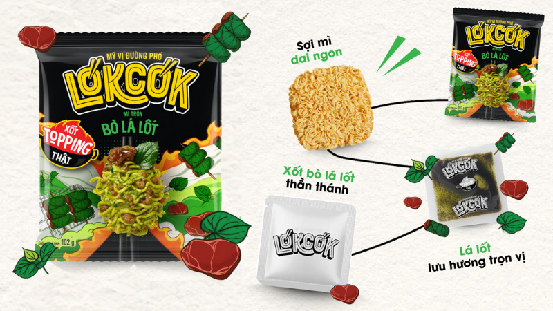 Mì trộn xốt topping thật bò lá lốt