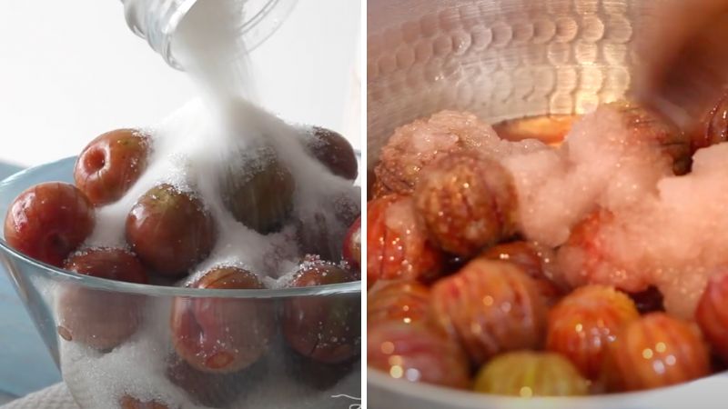 Soaking plums in sugar