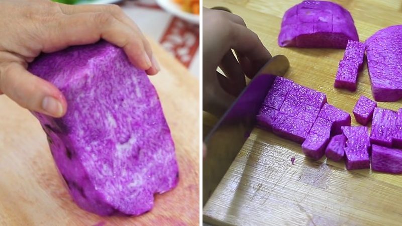 Preparing purple yam dessert ingredients