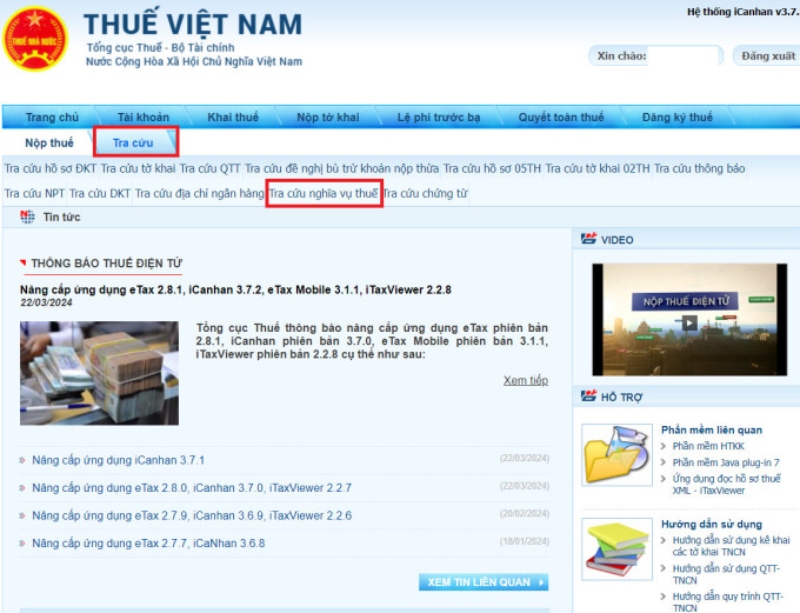 Chọn mục "Dịch vụ điện tử" -> "Tra cứu" -> "Tra cứu nghĩa vụ thuế".