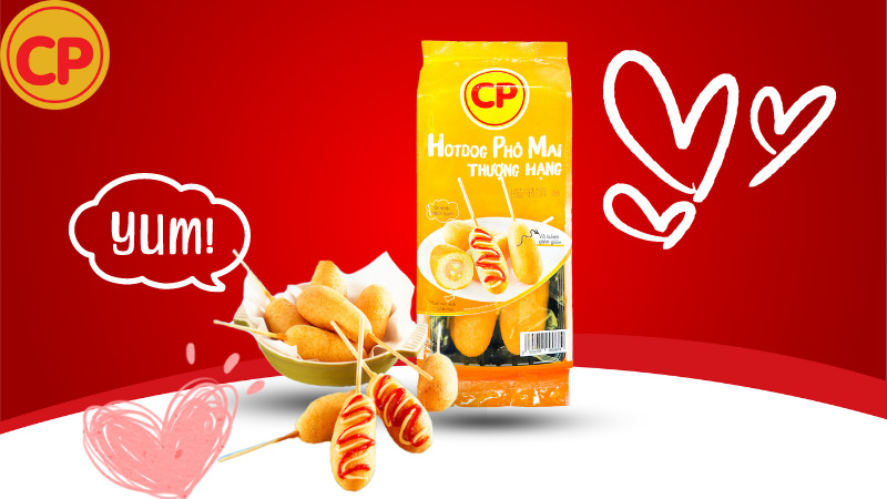 Hotdog phô mai C.P đã được chế biến sẵn kết hợp từ xúc xích và phô mai Hotdog phô mai C.P đã được chế biến sẵn kết hợp từ xúc xích và phô mai