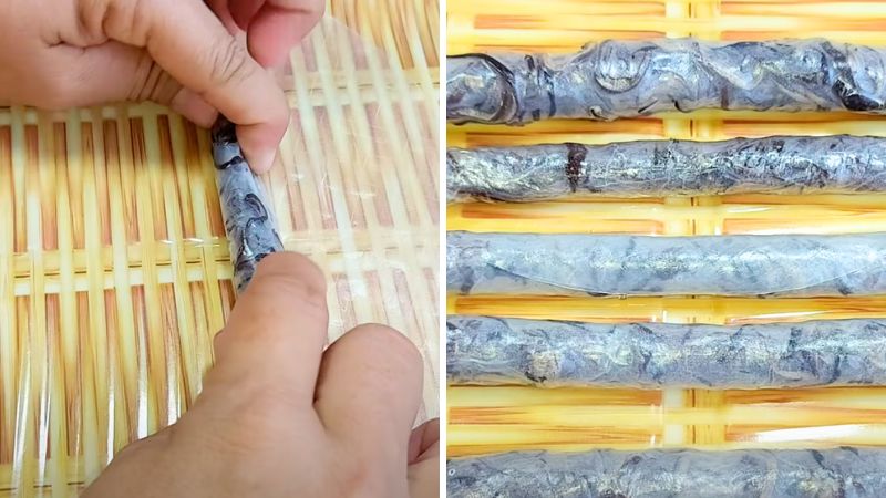 Rolling the mushrooms in rice paper
