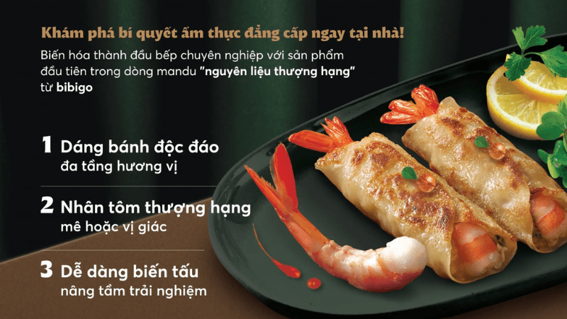 Mandu Tôm Thượng Hạng với thiết kế cuốn dạng dài cùng tôm nguyên con