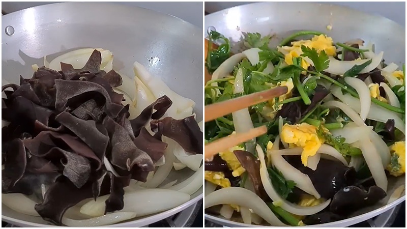 Sautéing mushrooms, eggs, and vegetables