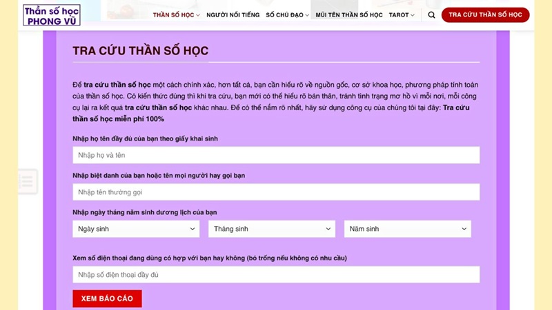 Website xem thần số học Pitago online