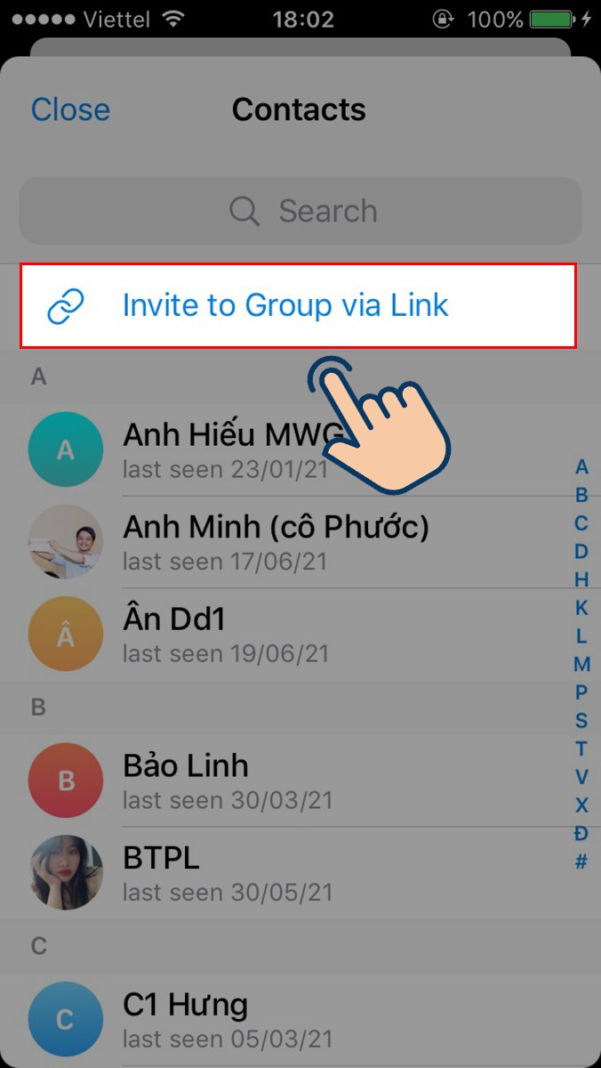 Sau đó bạn hãy chọn vào Invite to Group via Link.