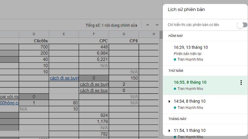 Cách xem lịch sử chỉnh sửa file Excel, Word trên Google Sheets, Docs