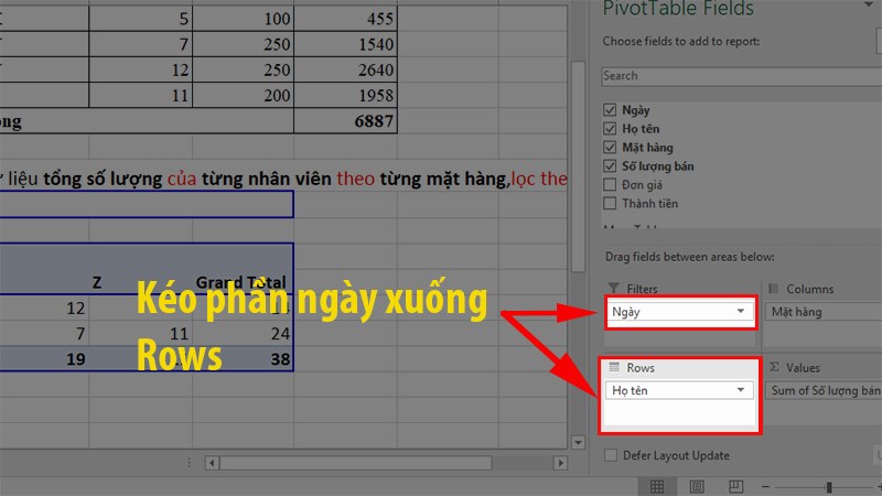 Kéo ngày tháng vào phần Rows