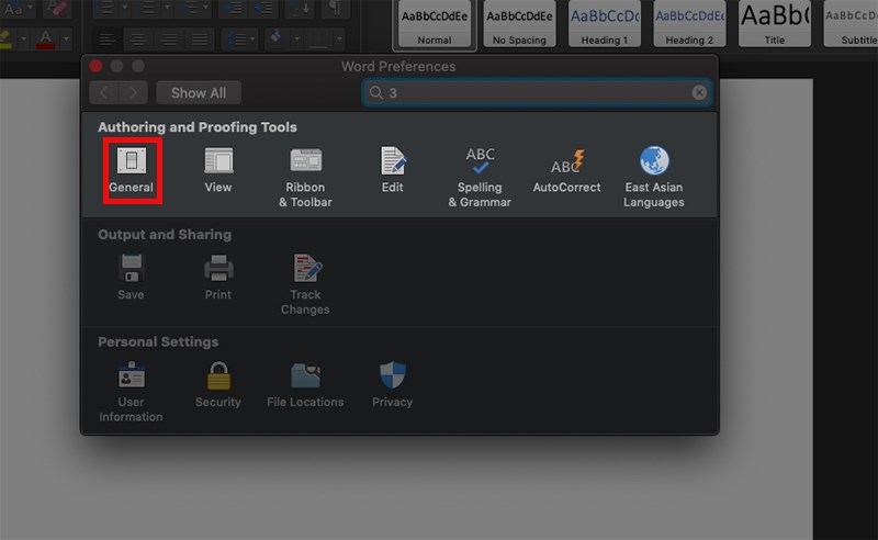 Hộp thoại Word Preferences hiện ra  Ở phần Authoring and Proofing Tools chọn General.