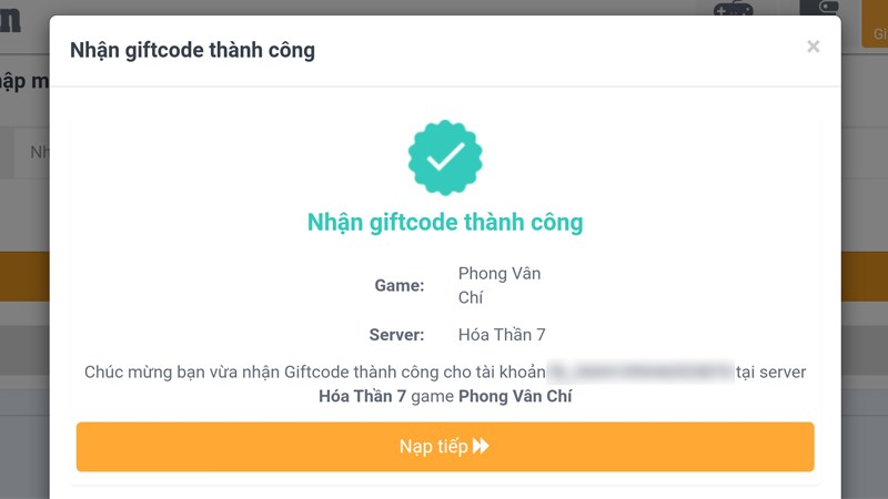 Thông báo xác nhận nhập code thành công