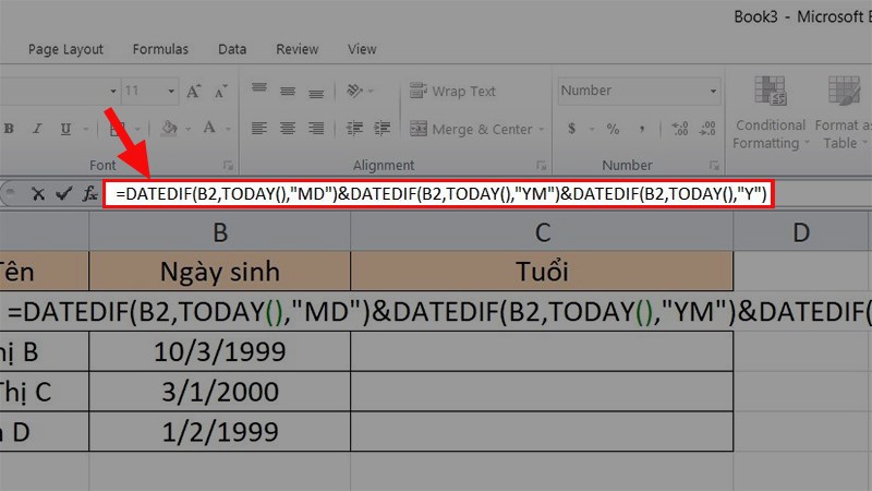 Nhập các hàm trên vào ô cần tính tuổi với cú pháp:= DATEDIF(B2,TODAY(),”MD”)&DATEDIF(B2,TODAY(),“YM”)&DATEDIF(B2,TODAY(),“Y”)