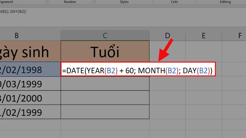 Nhập hàm =DATE(YEAR(B2) + 60; MONTH(B2); DAY(B2))