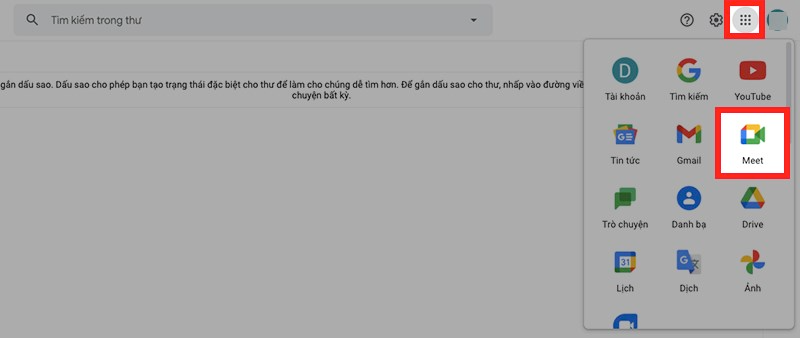 Đăng nhập Gmail trên máy tính, nhấn vào biểu tượng dấu chấm ở góc trên bên phải > Chọn Meet