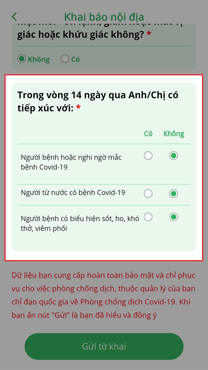 Nhấn dấu vào ô Có hoặc Không với các trường hợp tương ứng