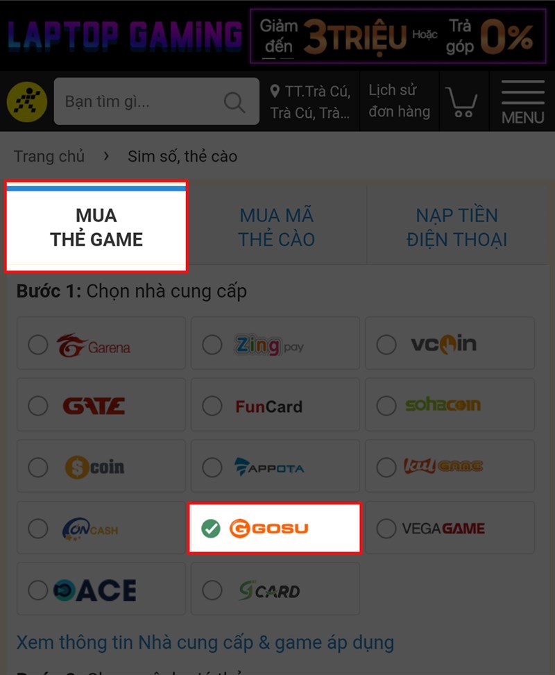 Cách mua thẻ game GOSU tại TGDĐ, chiết khấu cao 2%, giá rẻ