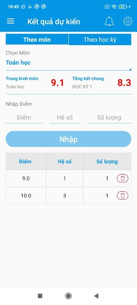 Screenshots Ứng dụng quản lý kết quả học tập, tính điểm trung bình môn