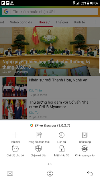 Screenshots SFive Browser: Miễn phí 3G xem tin tức, tải video, chặn quảng cáo