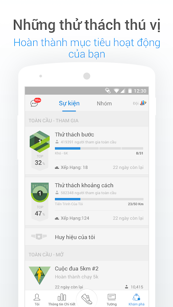 Screenshots Ứng dụng đếm bước chân, tính calo, quản lý chỉ số cơ thể