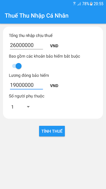 Screenshots Ứng dụng tính thuế thu nhập cá nhân (TNCB) 2020