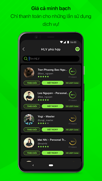 Screenshots LEEP.APP - App kết nối, tìm và lựa chọn huấn luyện viên GYM cá nhân