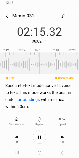 Screenshots Samsung Voice Recorder: Ứng dụng ghi chú bằng giọng nói